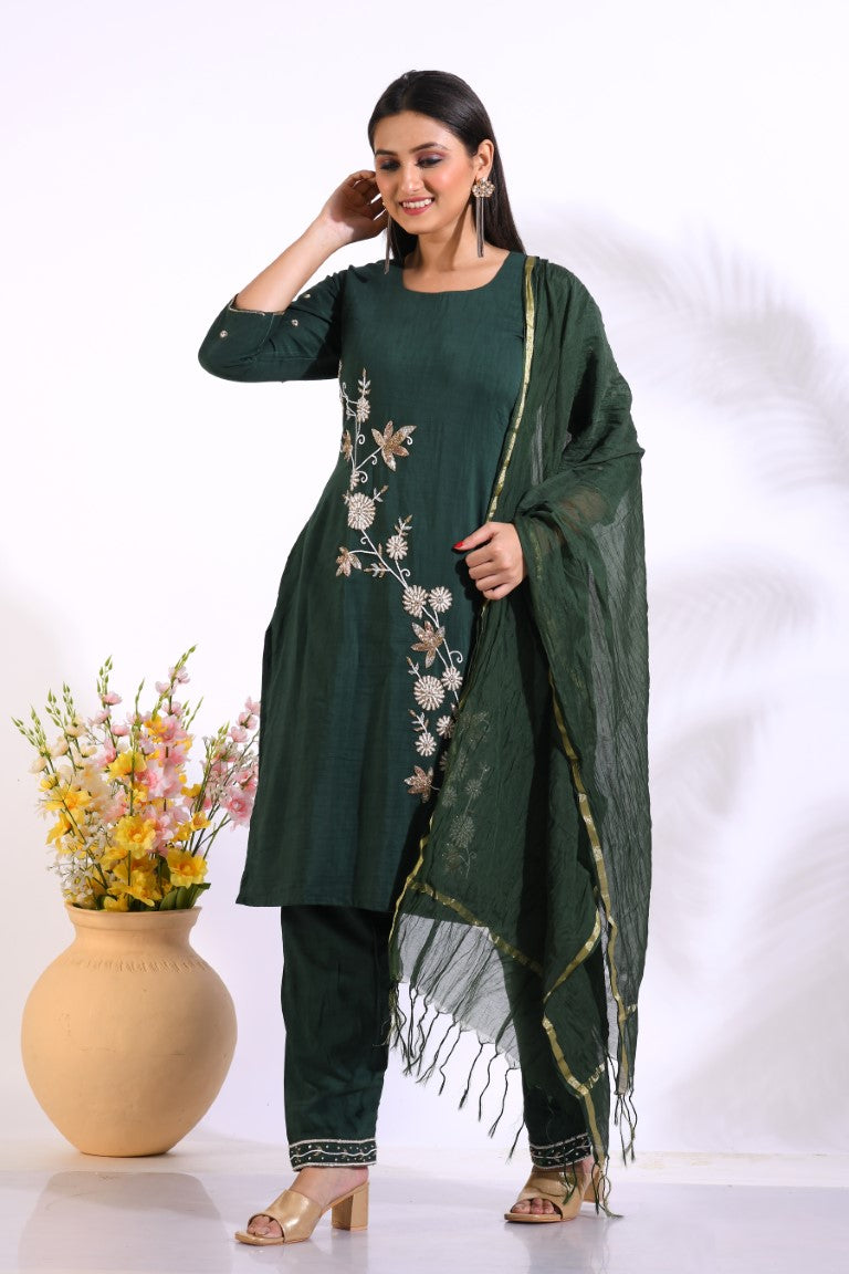 Morchari Long Top With Straight Paint & Hand Embroidery - Green - Swadesiicart