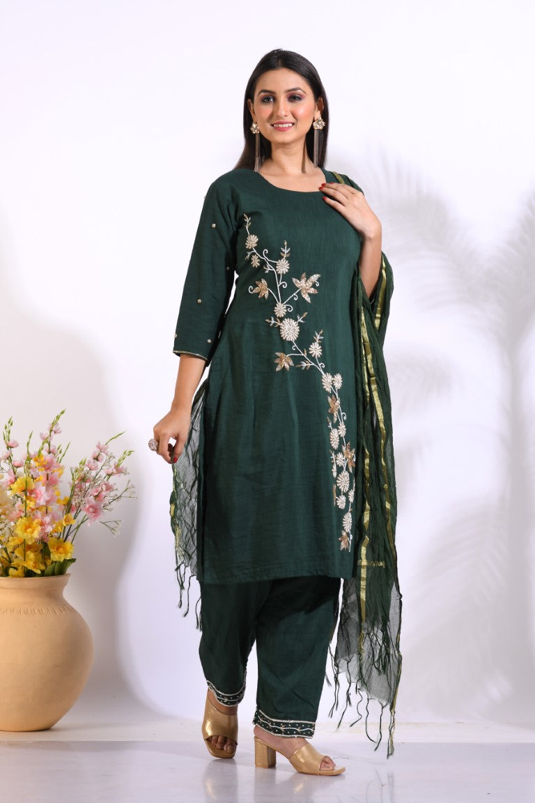 Morchari Long Top With Straight Paint & Hand Embroidery - Green - Swadesiicart
