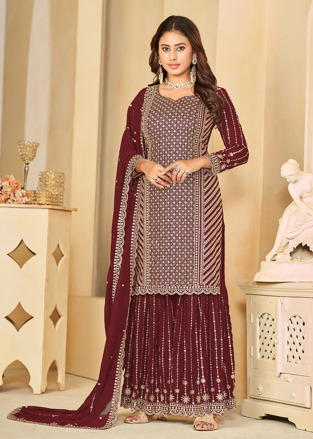 Mesmeric Maroon Faux Georgette Palazzo Suit with Embroidery - Emponline | Swadesiicart