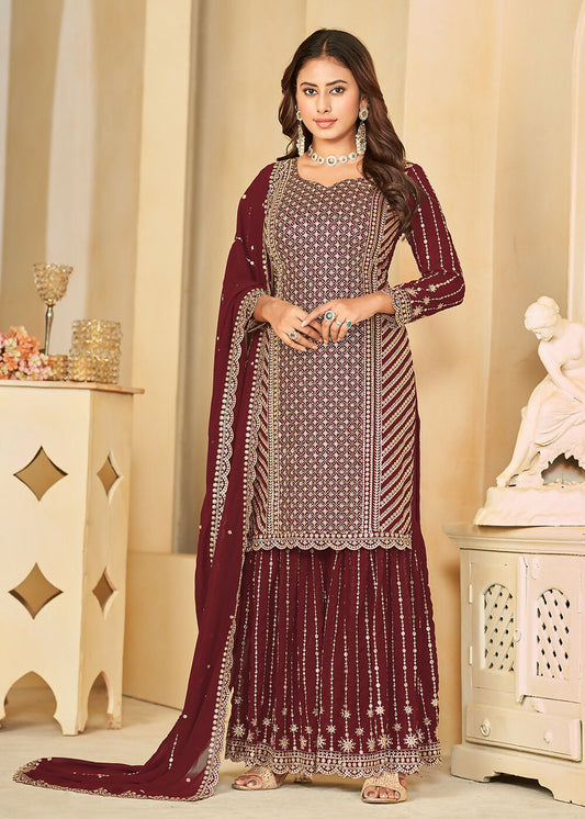Mesmeric Maroon Faux Georgette Palazzo Suit with Embroidery - Emponline | Swadesiicart