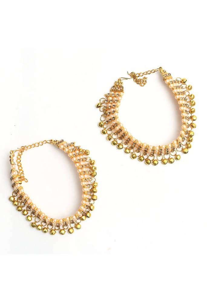 Mominos Fashion Kamal Johar Gold-Polished Pearls Anklets With Muvvas | Swadesiicart