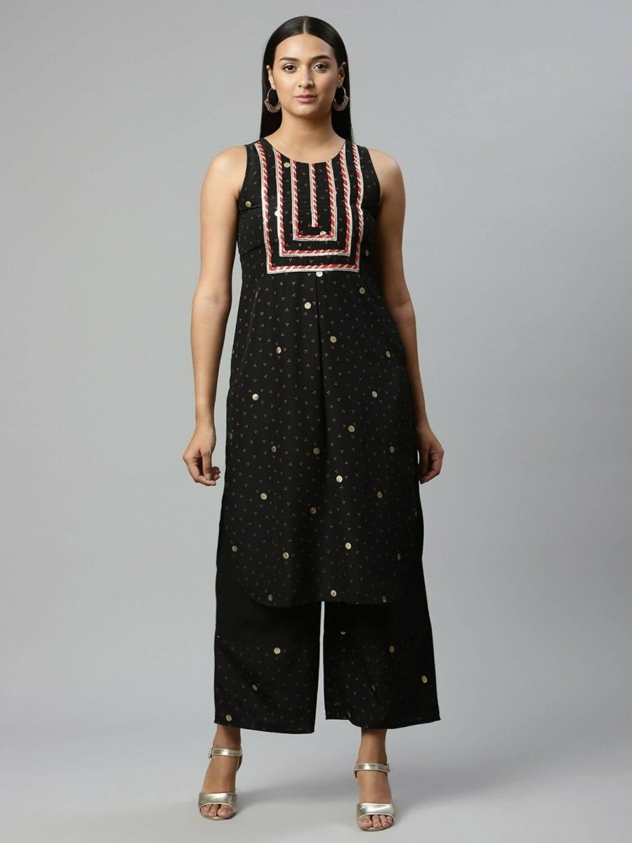 Ahalyaa Womens Black Crepe Printed Kurta Palazzo Set | Swadesiicart
