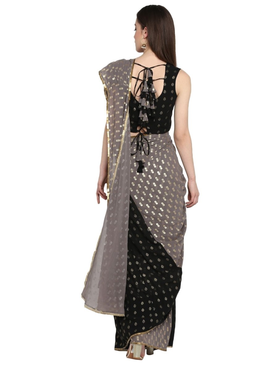 Ahalyaa Women's Black Georgette Foil Print Ready to Wear Saree | Swadesiicart