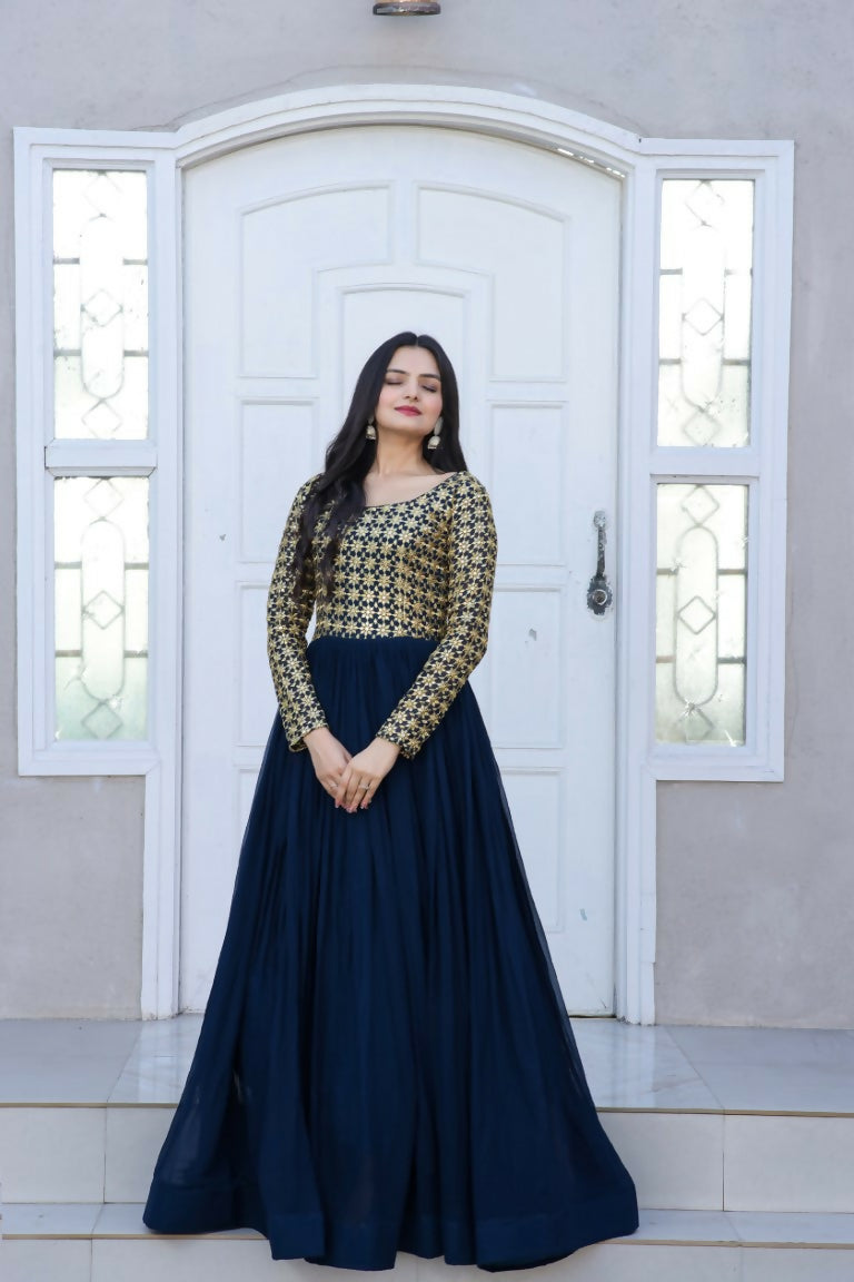 Jyoti Fashion Women's Navy Blue Sequence Zari Embroidered Faux Blooming Anarkali Dress | Swadesiicart