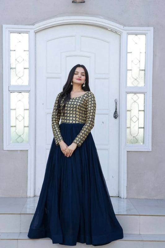 Jyoti Fashion Women's Navy Blue Sequence Zari Embroidered Faux Blooming Anarkali Dress