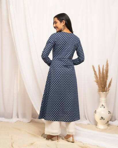 FIORRA Women's Floral Printed Navy Blue Cotton A-Line Kurta - Swadesiicart