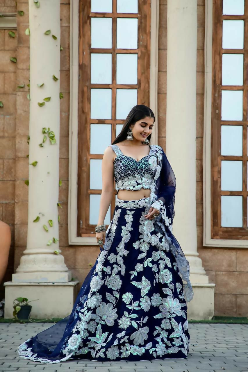 Jyoti Fashion Women's Navy Blue Kasturi Silk Georgette Rainbow Sequins with Dori Embroidered Designer Lehenga Choli Set | Swadesiicart