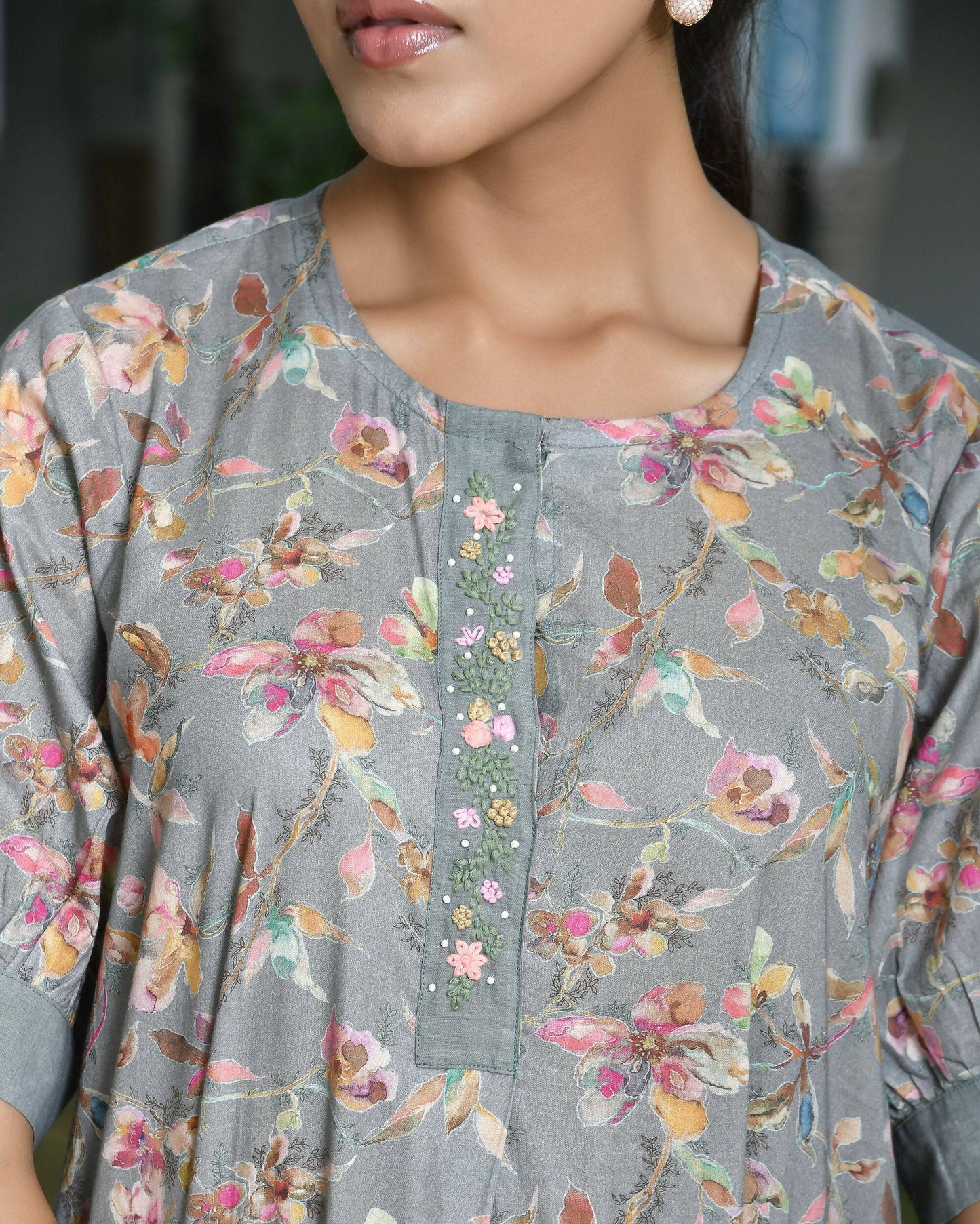 Vaasva Women's Grey Cotton Digital Printed Embroidered Placket Dress | Swadesiicart