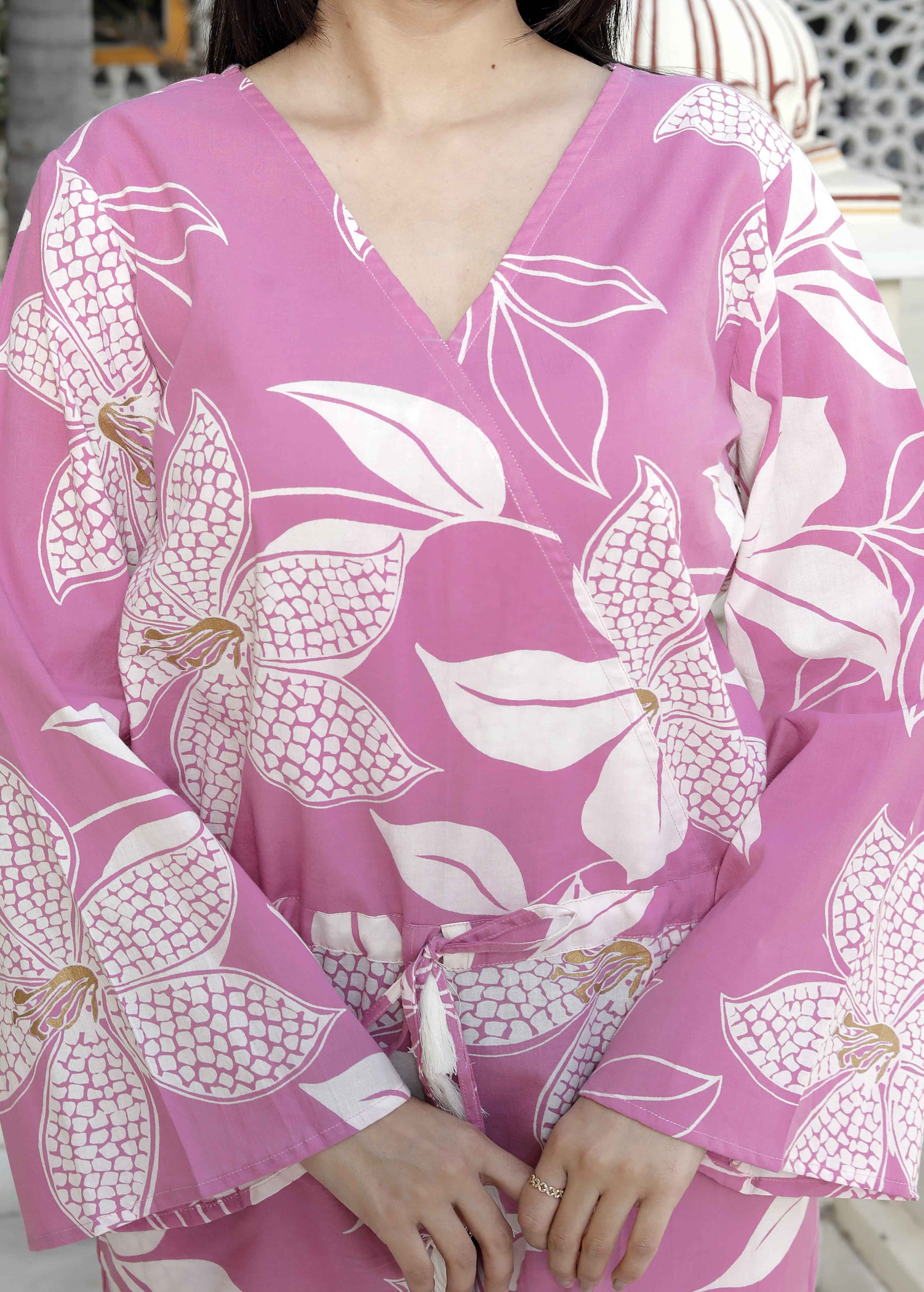 Miravan Women's Pure Cotton Floral Printed Pink V-Neck Waist Tie-Up Playsuit - Swadesiicart