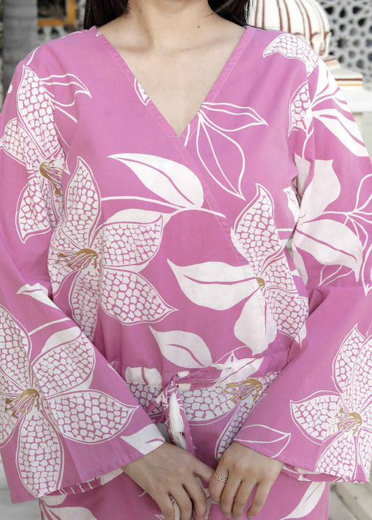 Miravan Women's Pure Cotton Floral Printed Pink V-Neck Waist Tie-Up Playsuit - Swadesiicart