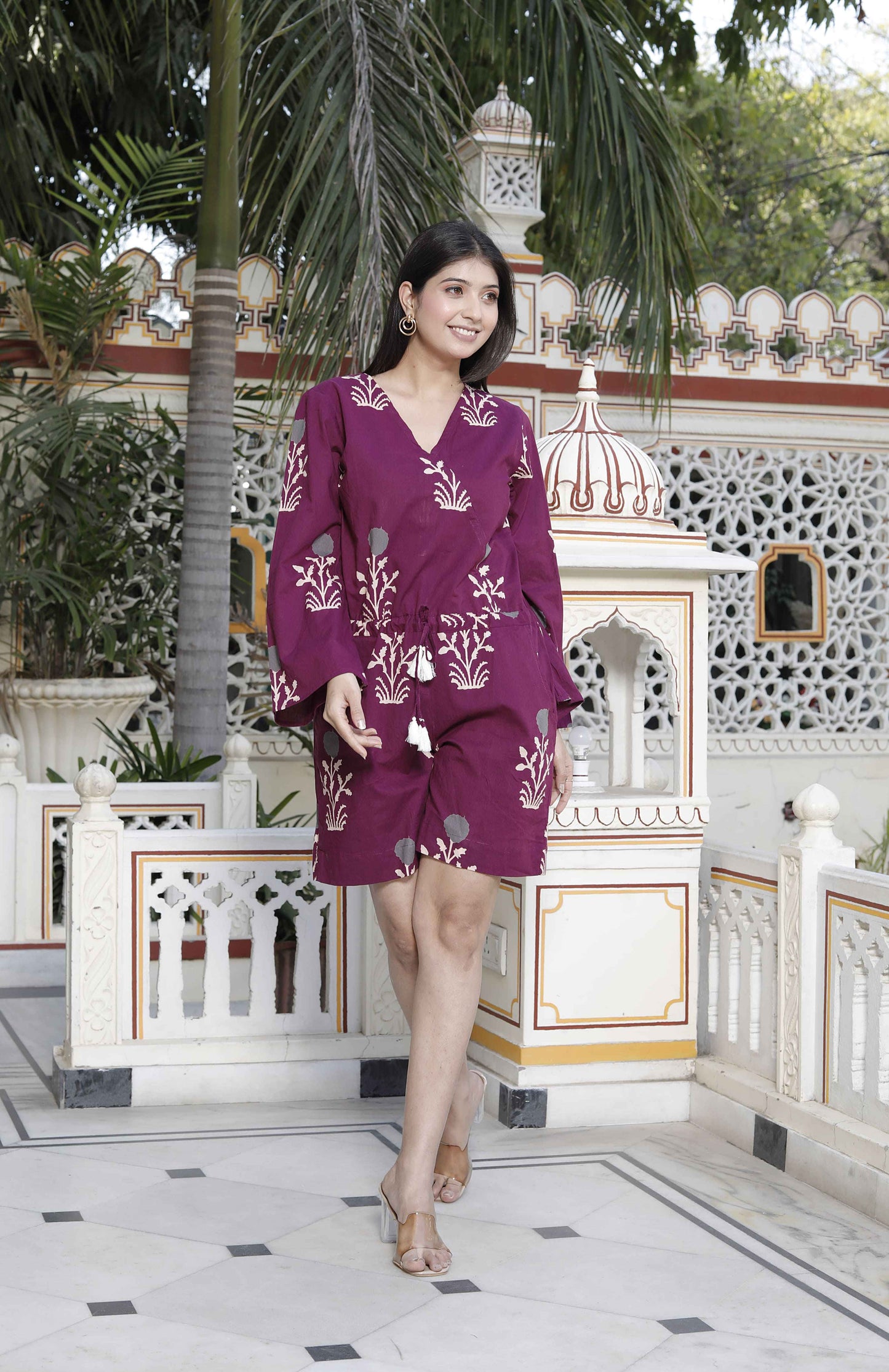 Miravan Women's Pure Cotton Wine Floral Printed Long Sleeves Waist Tie-Up Playsuit - Swadesiicart