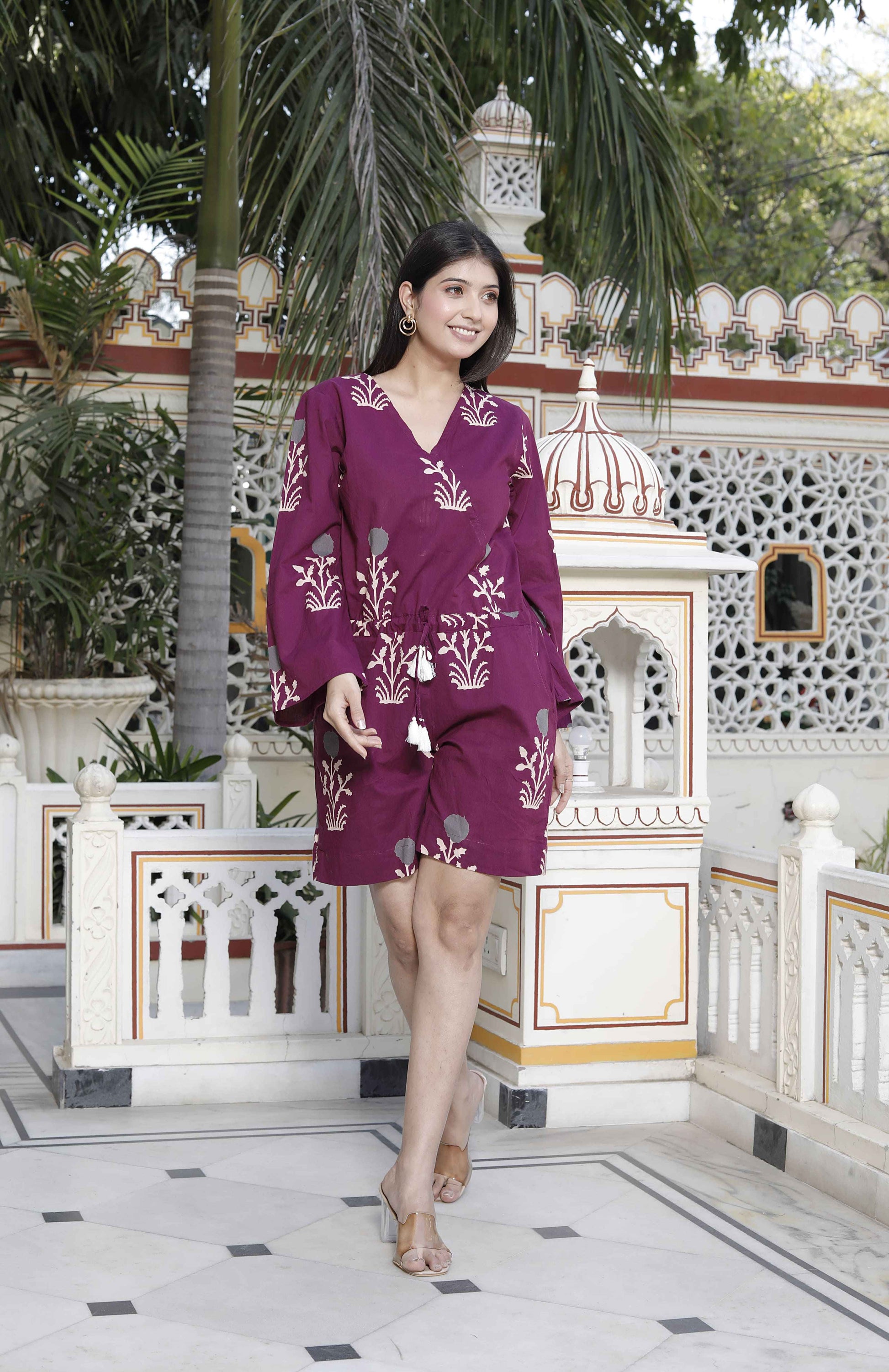 Miravan Women's Pure Cotton Wine Floral Printed Long Sleeves Waist Tie-Up Playsuit - Swadesiicart