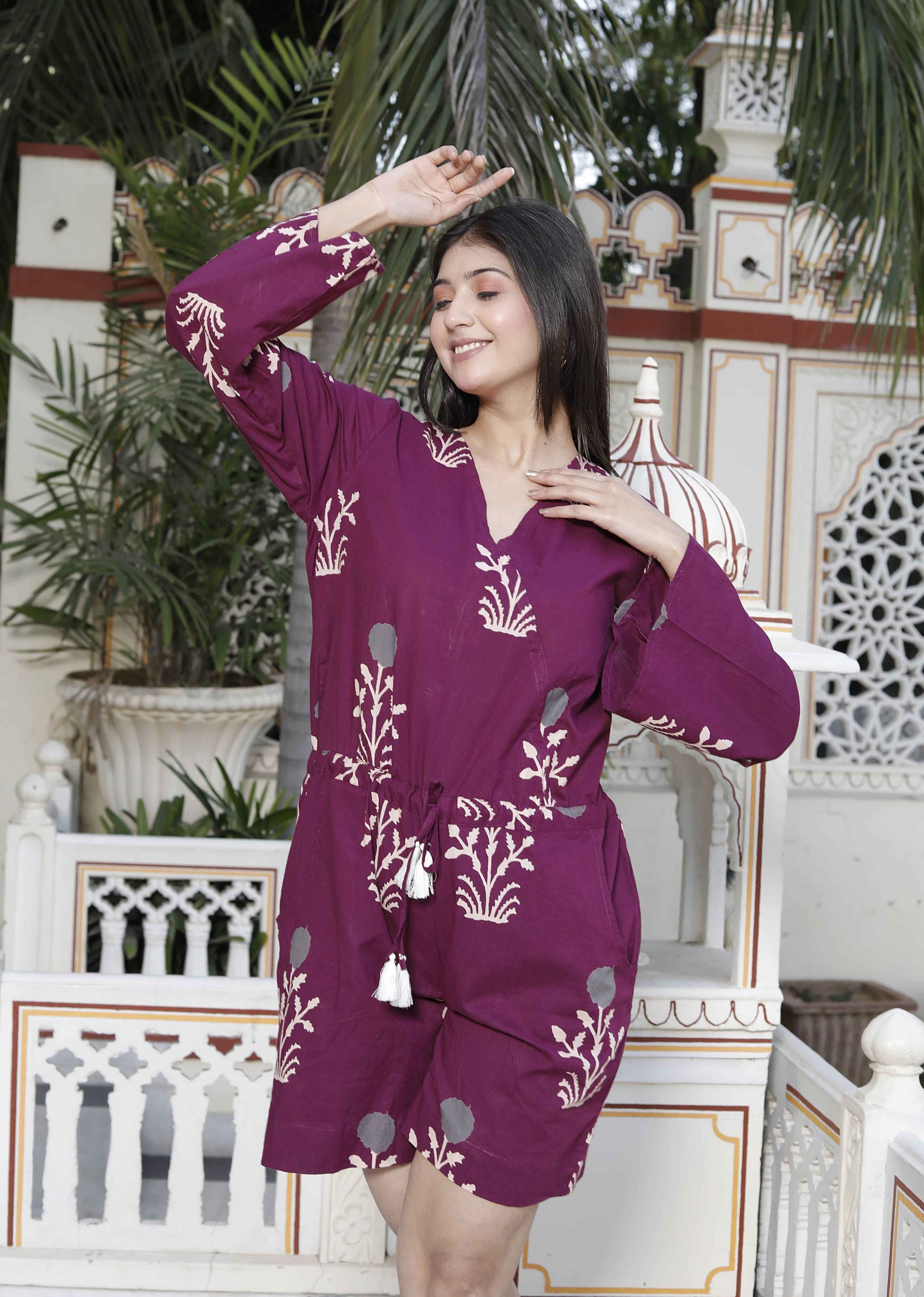 Miravan Women's Pure Cotton Wine Floral Printed Long Sleeves Waist Tie-Up Playsuit - Swadesiicart