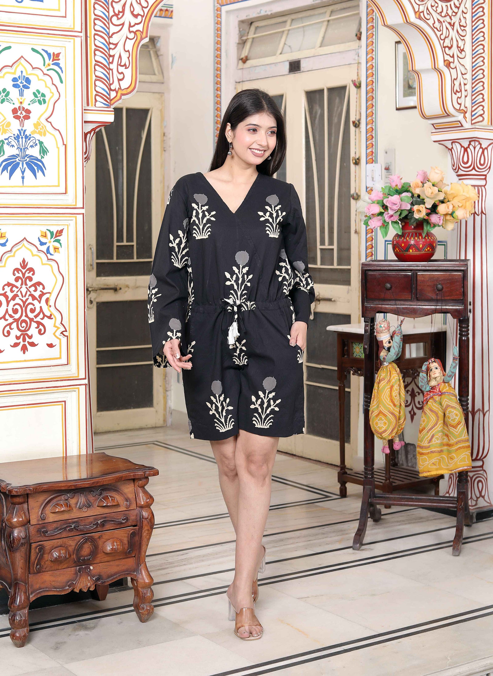 Miravan Women's Pure Cotton Black Waist Tie-Up Back Zip Closure Floral Playsuit - Swadesiicart