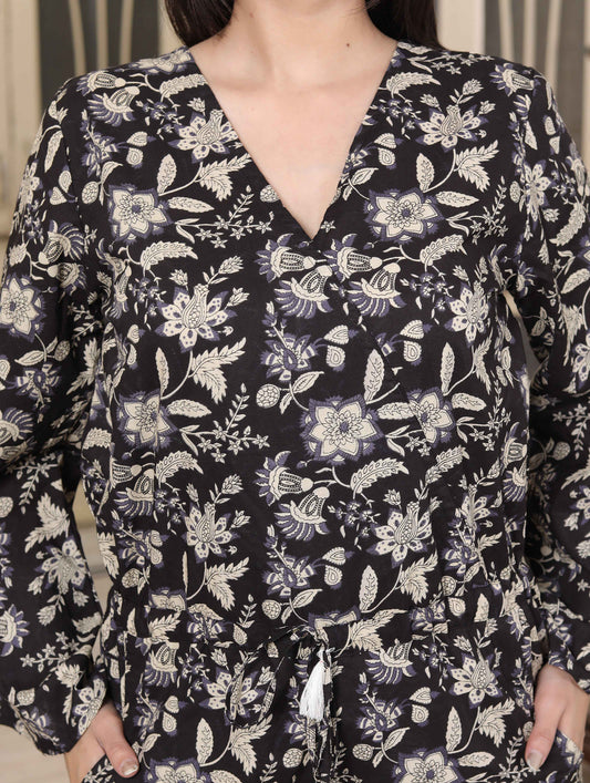 Miravan Women's Pure Cotton Black Long Sleeve Floral Printed Stylish Jumpsuit - Swadesiicart
