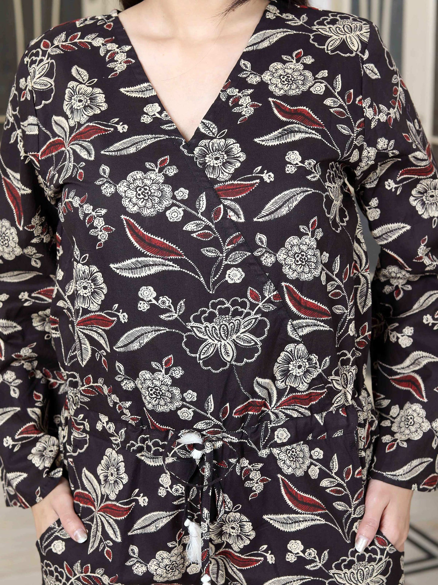 Miravan Women's Multi Pure Cotton Floral Printed V Neck Long Sleeves Jumpsuit - Swadesiicart