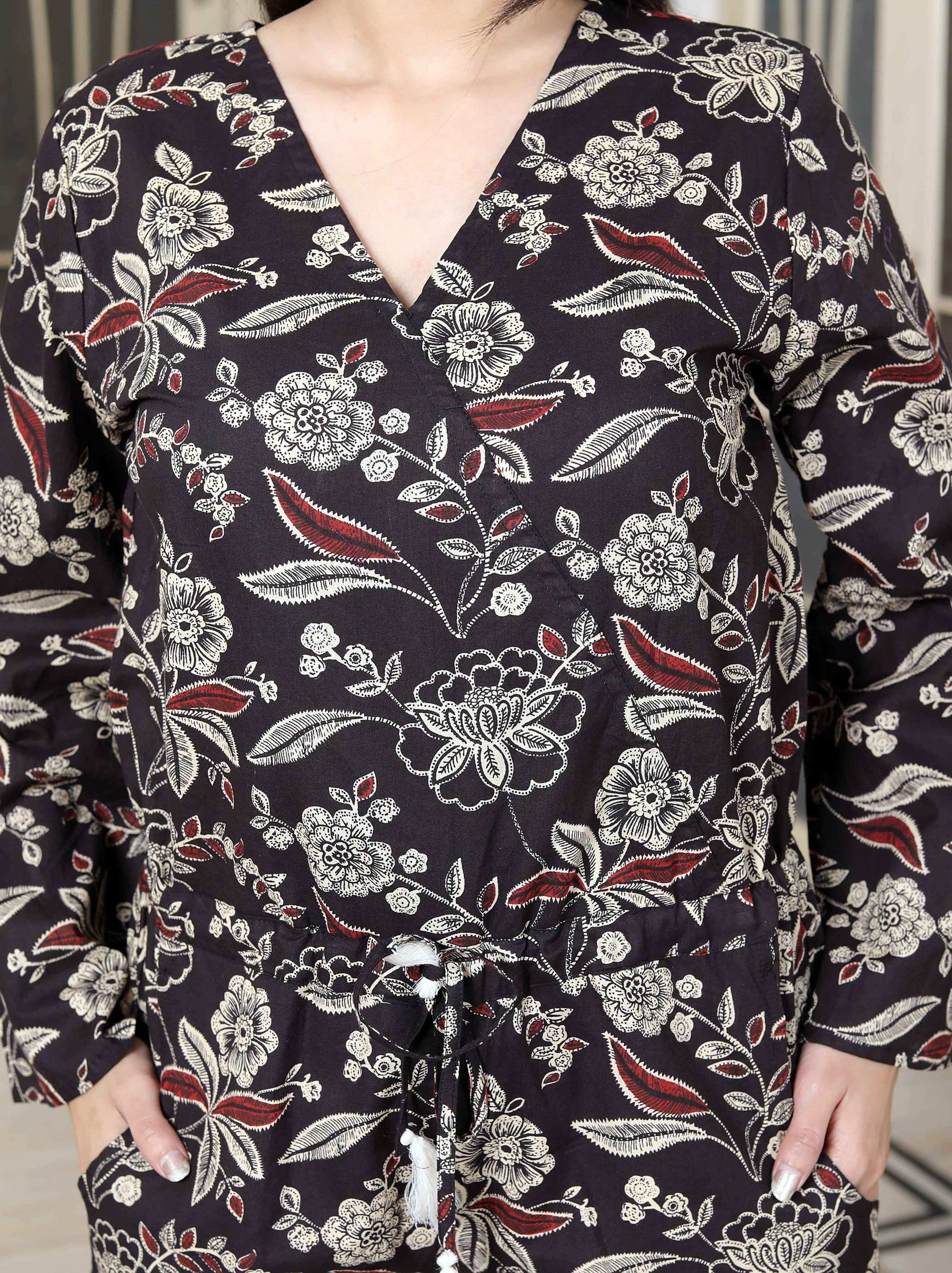 Miravan Women's Multi Pure Cotton Floral Printed V Neck Long Sleeves Jumpsuit - Swadesiicart