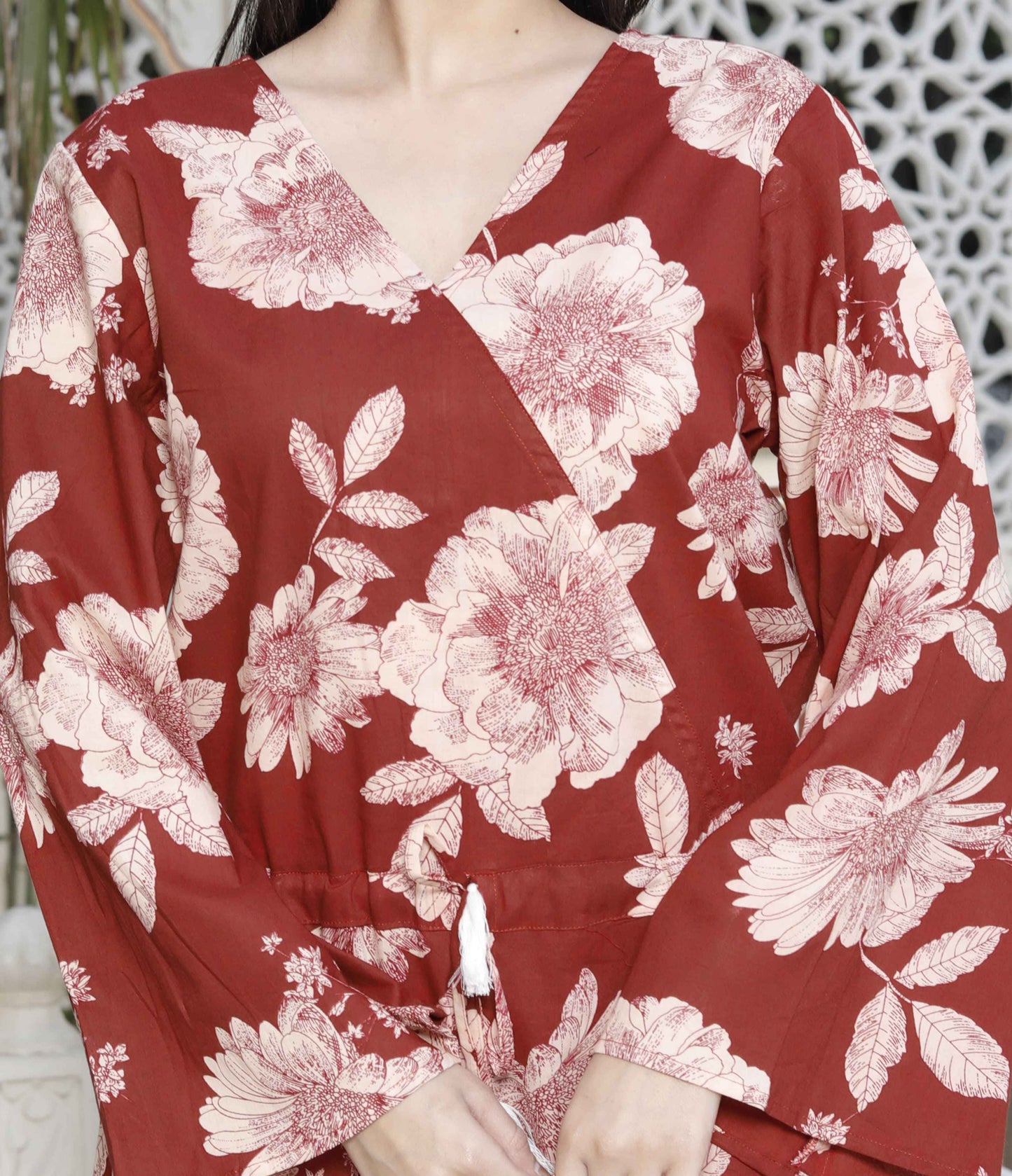 Miravan Women's Pure Cotton Red Floral Printed Long Sleeves Jumpsuit - Swadesiicart