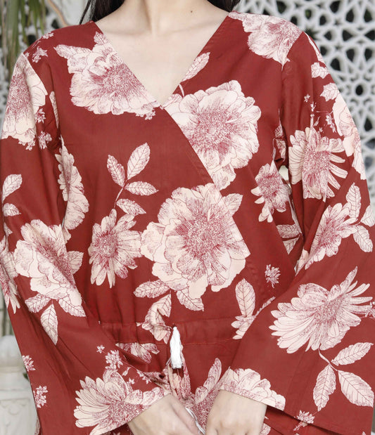 Miravan Women's Pure Cotton Red Floral Printed Long Sleeves Jumpsuit - Swadesiicart