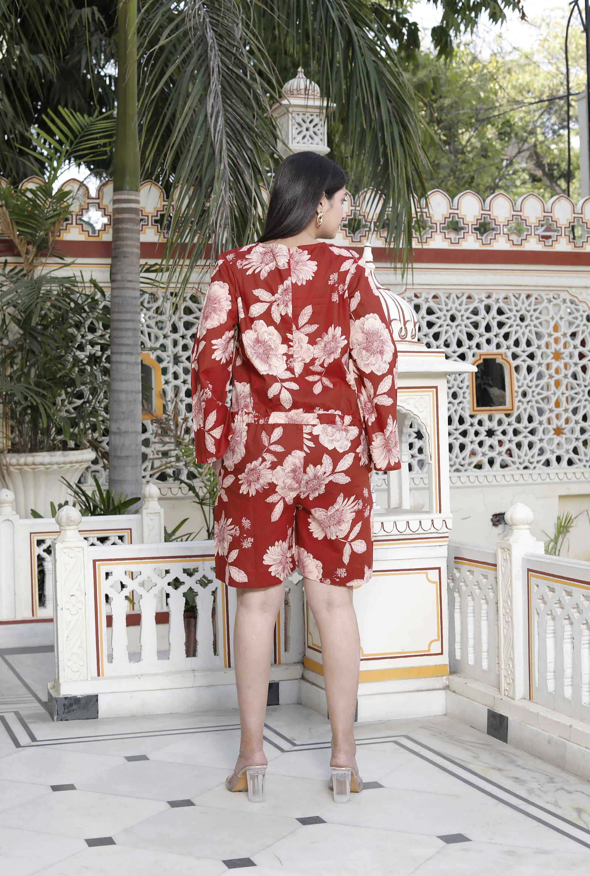 Miravan Women's Pure Cotton Red Floral Printed Long Sleeves Jumpsuit - Swadesiicart
