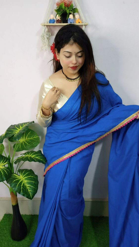 Exclusive Collection Beautiful Khadi Cotton Handloom Saree With Beautiful Zari Border - Blue - Swadesiicart
