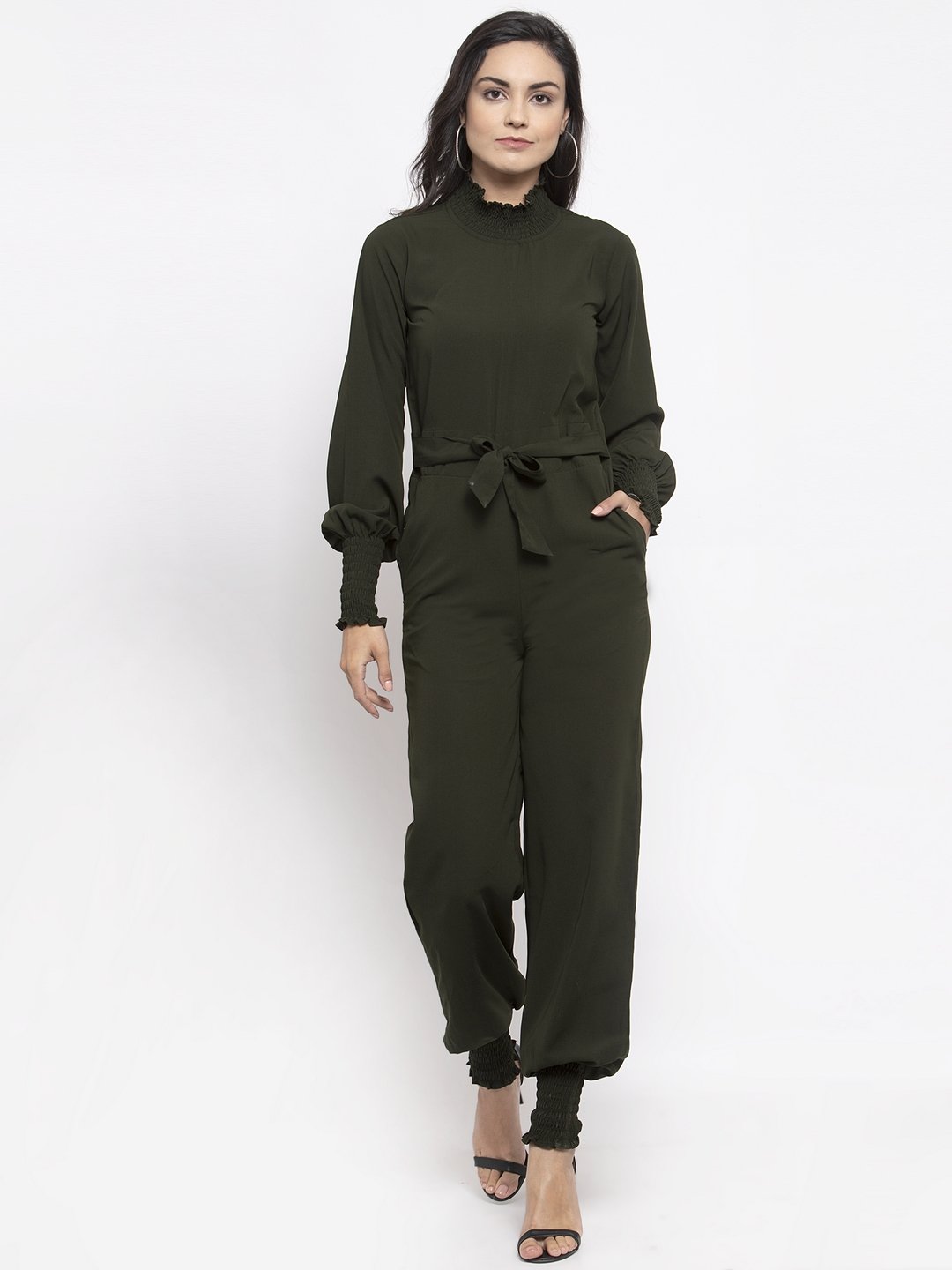 Jompers Women Olive Green Solid Basic Jumpsuit - Swadesiicart
