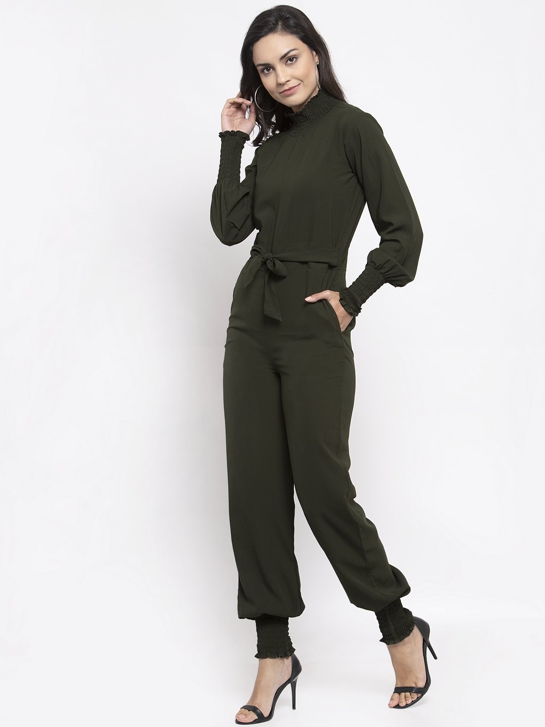 Jompers Women Olive Green Solid Basic Jumpsuit - Swadesiicart