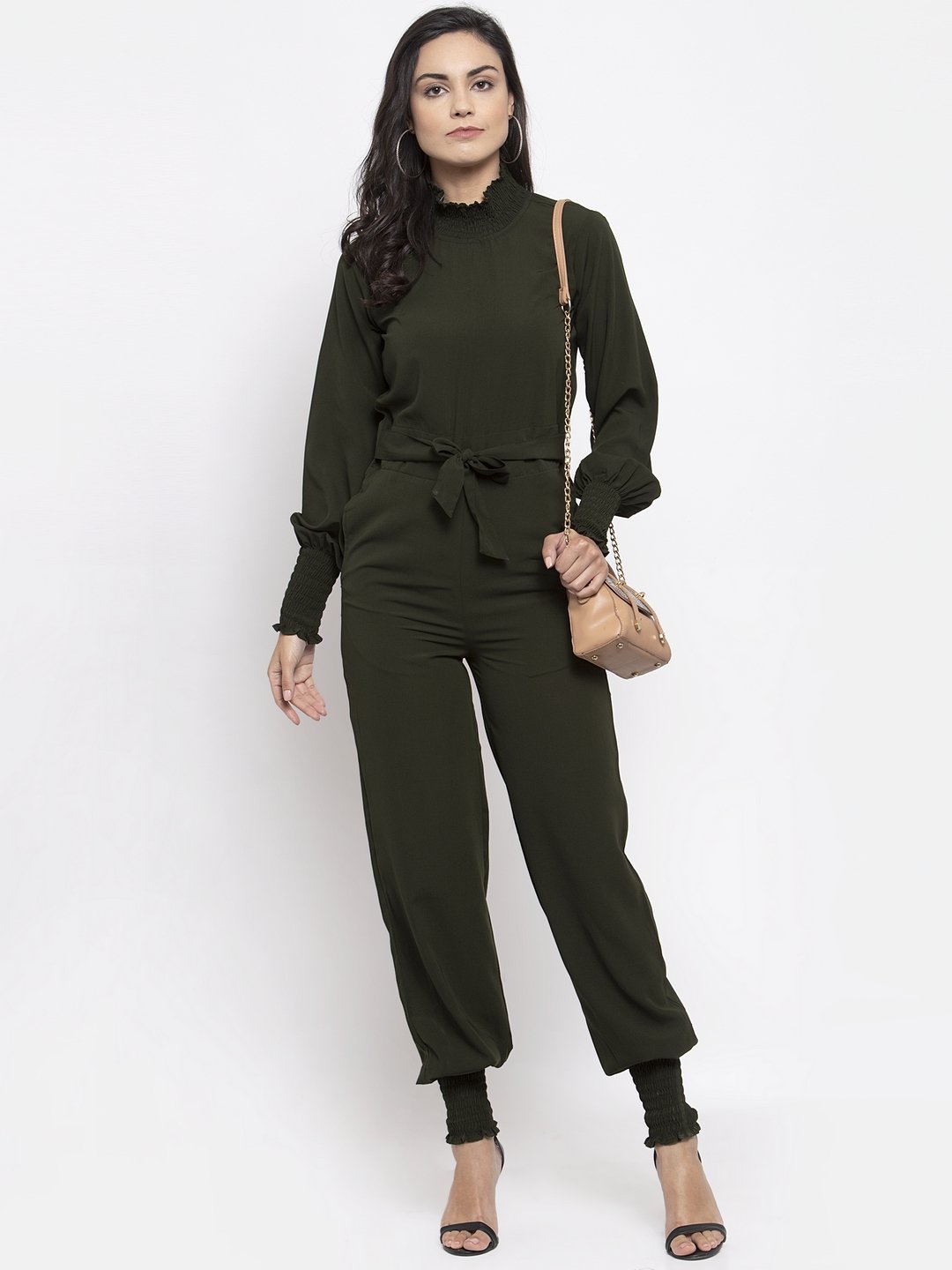 Jompers Women Olive Green Solid Basic Jumpsuit - Swadesiicart