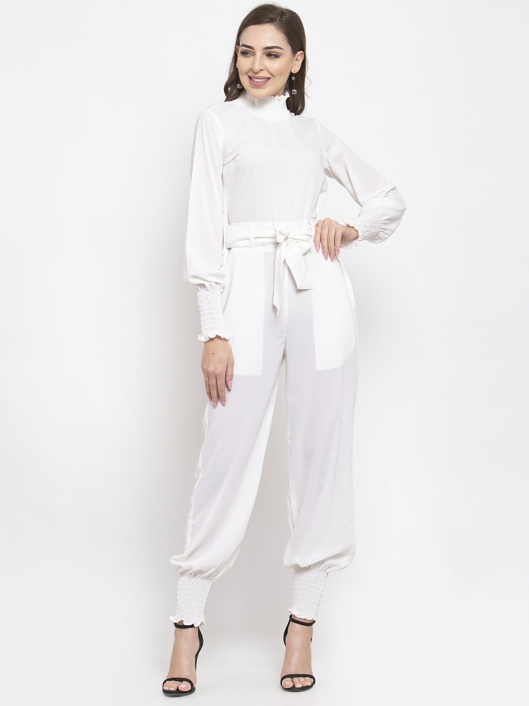 Jompers Women White Solid Basic Jumpsuit - Swadesiicart