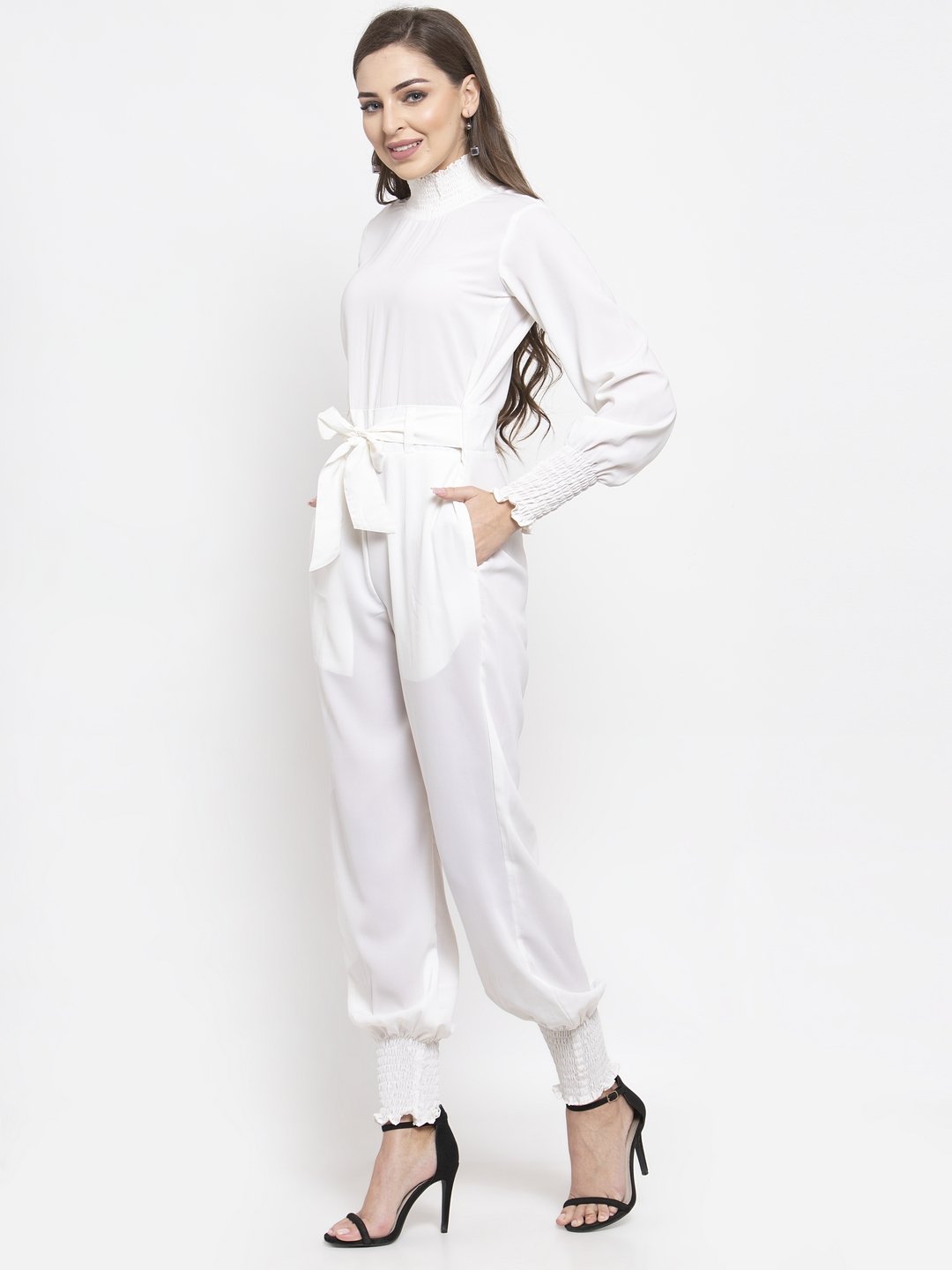 Jompers Women White Solid Basic Jumpsuit - Swadesiicart
