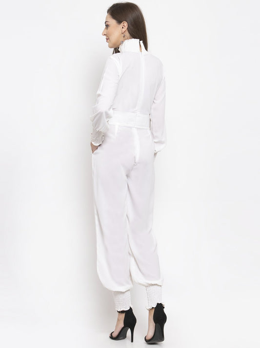 Jompers Women White Solid Basic Jumpsuit - Swadesiicart