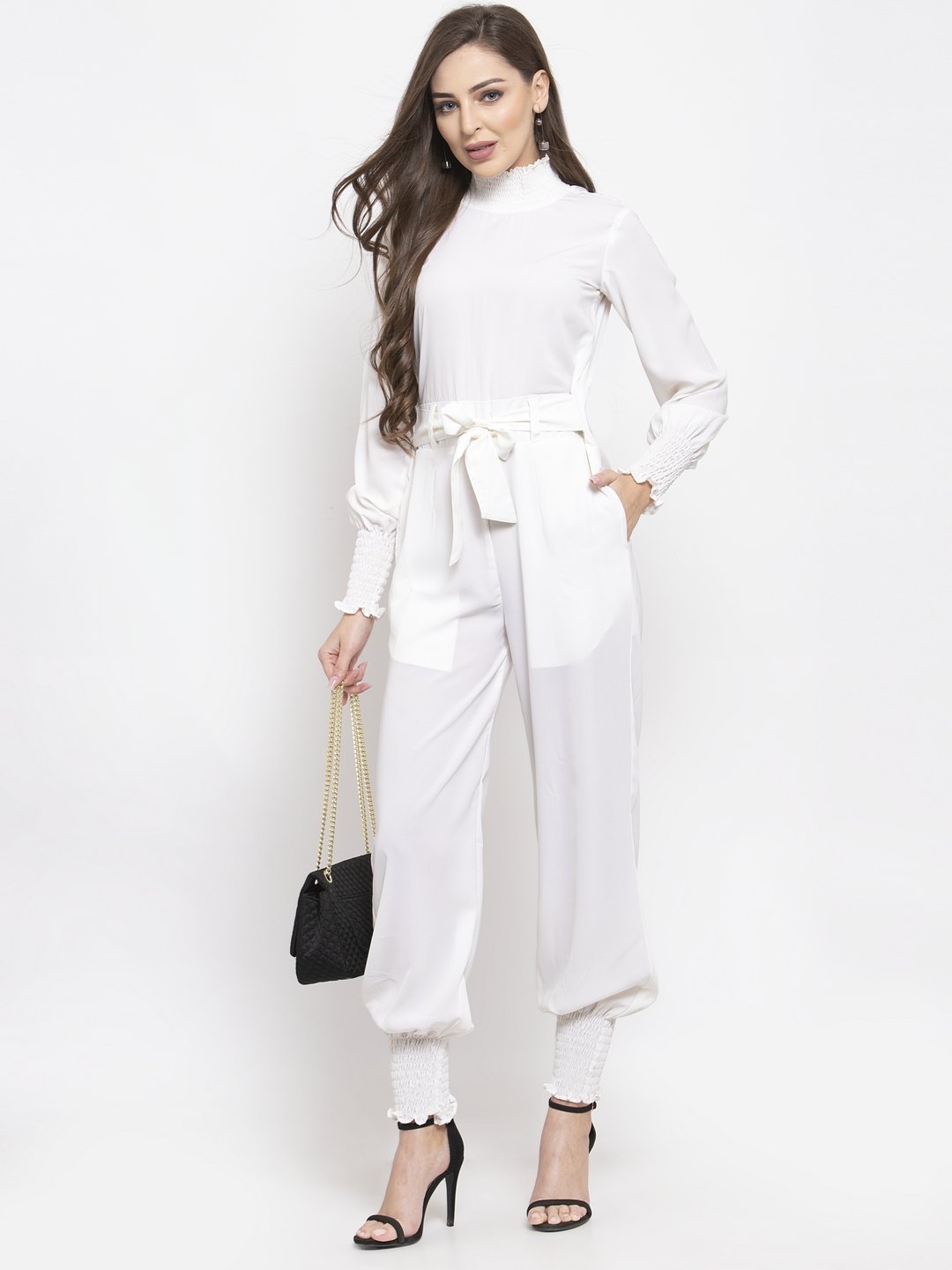 Jompers Women White Solid Basic Jumpsuit - Swadesiicart