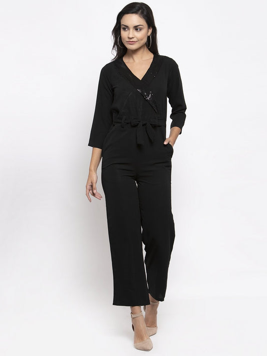 Jompers Women Black Solid Jumpsuit with sequence on neck - Swadesiicart