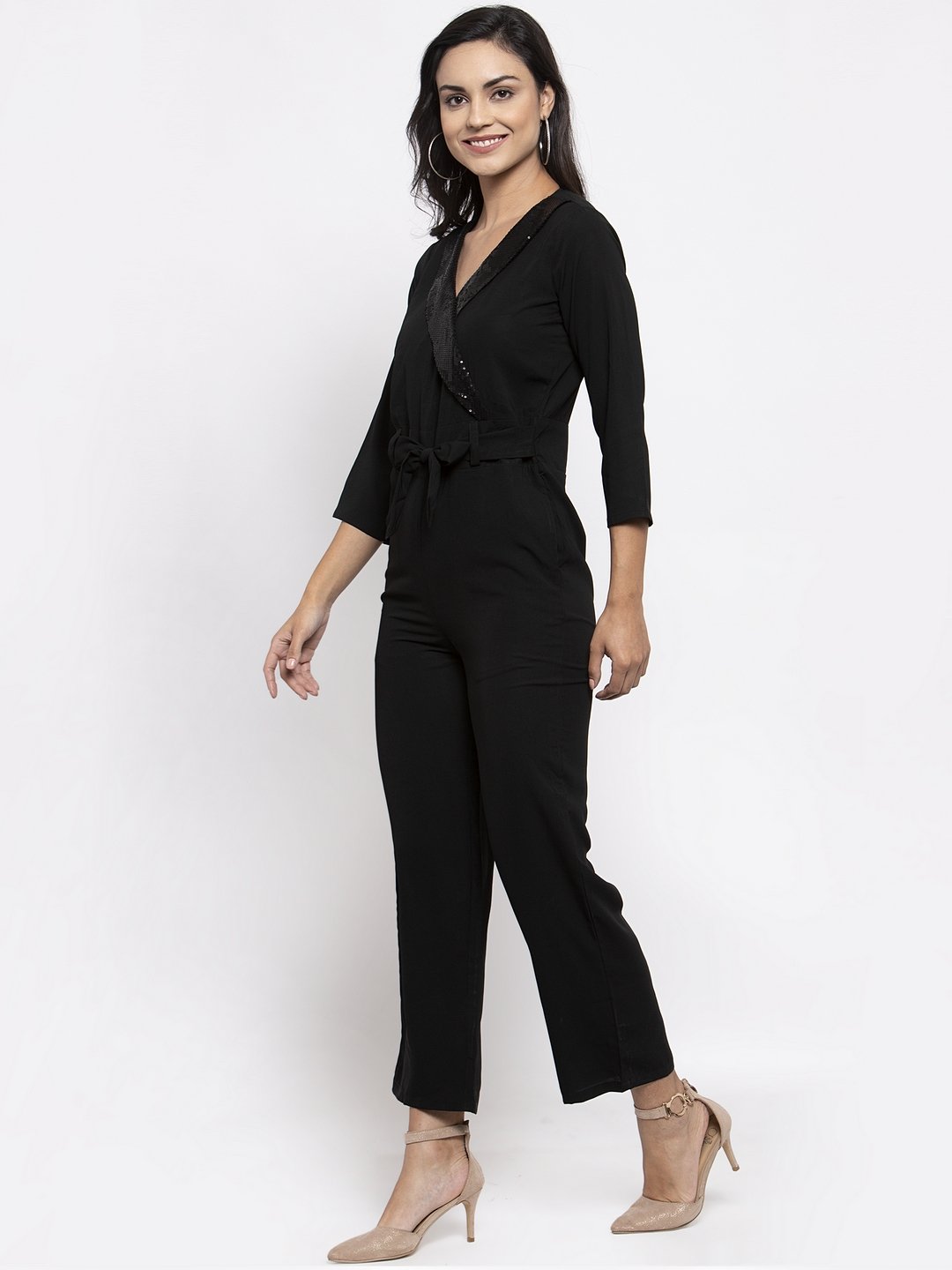 Jompers Women Black Solid Jumpsuit with sequence on neck - Swadesiicart