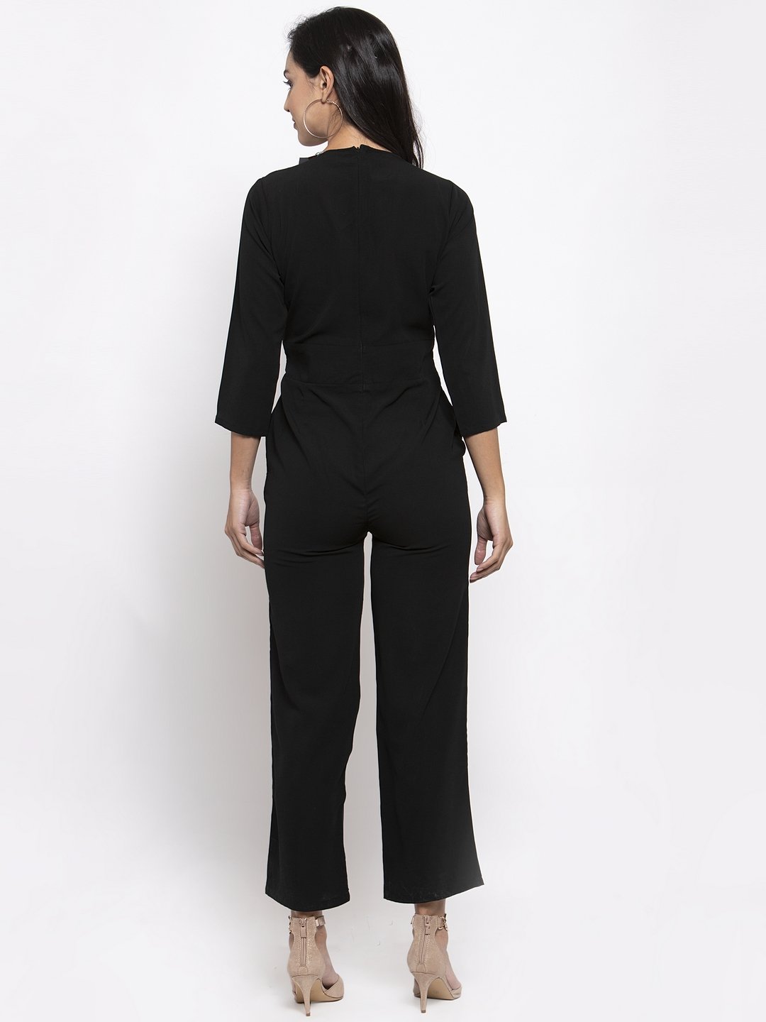 Jompers Women Black Solid Jumpsuit with sequence on neck - Swadesiicart