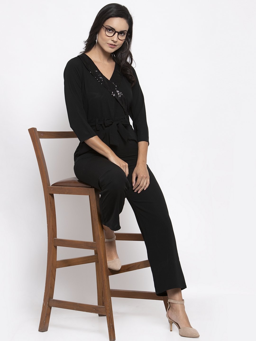 Jompers Women Black Solid Jumpsuit with sequence on neck - Swadesiicart