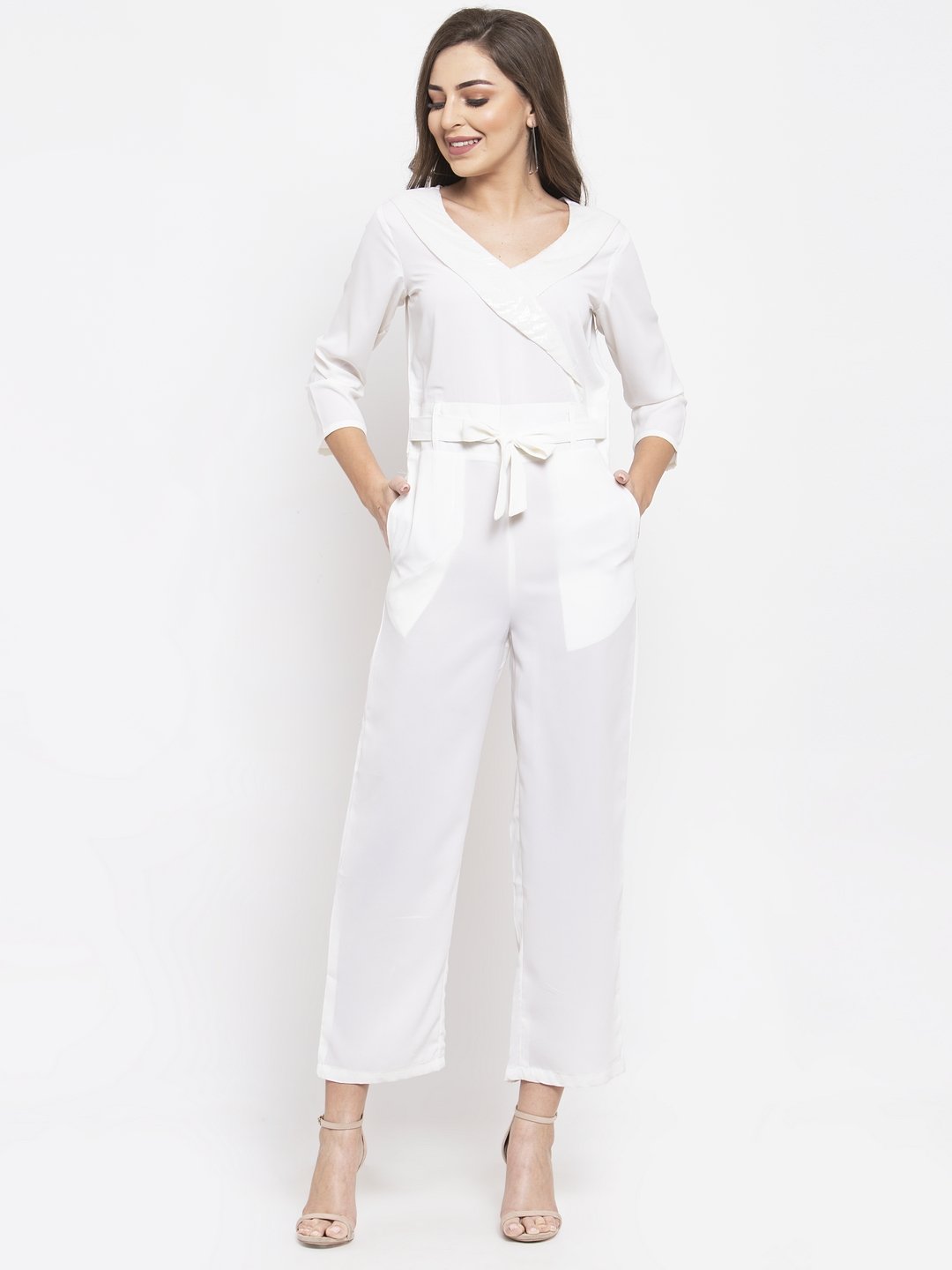 Jompers Women White Solid Jumpsuit with sequence on neck - Swadesiicart