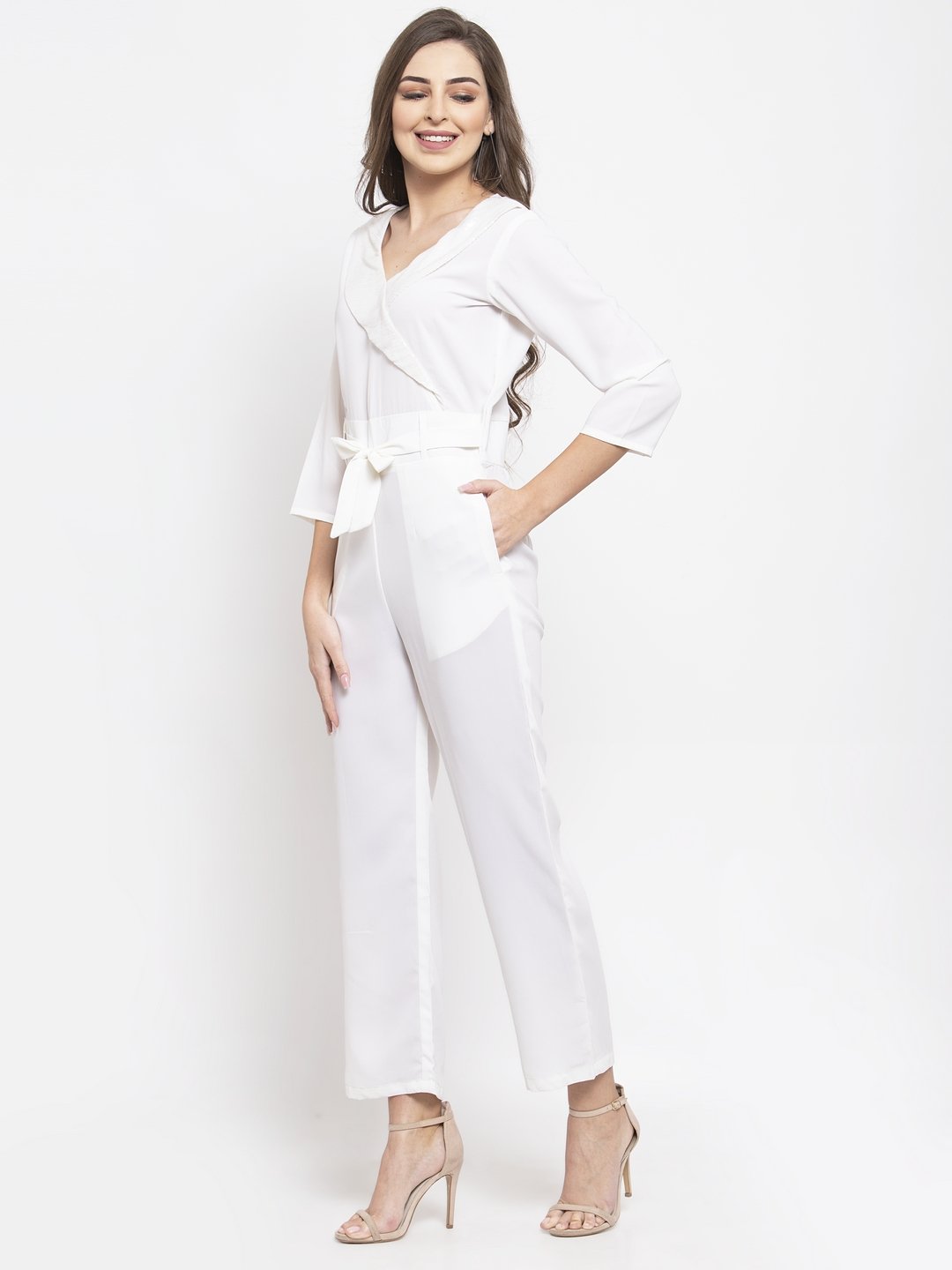 Jompers Women White Solid Jumpsuit with sequence on neck - Swadesiicart