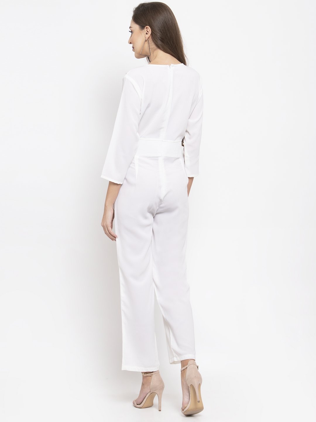 Jompers Women White Solid Jumpsuit with sequence on neck - Swadesiicart