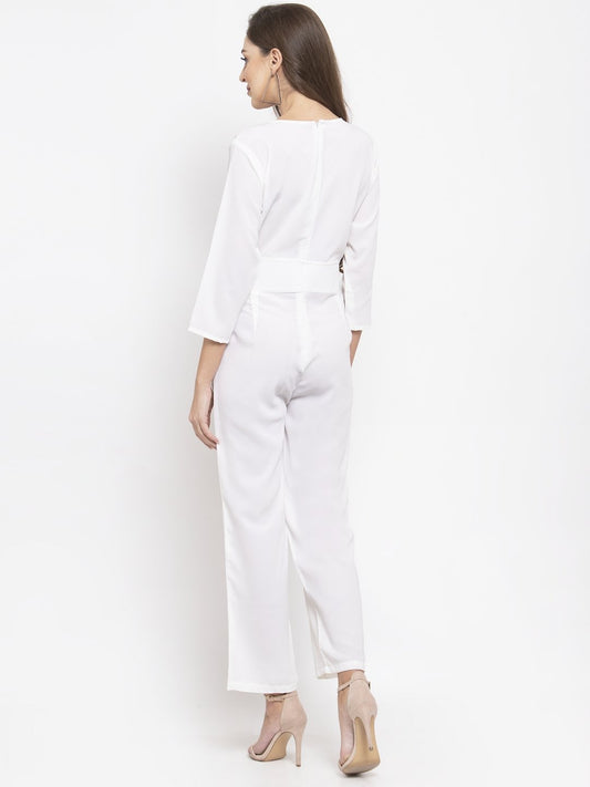 Jompers Women White Solid Jumpsuit with sequence on neck - Swadesiicart