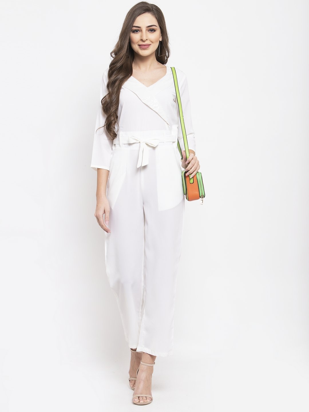 Jompers Women White Solid Jumpsuit with sequence on neck - Swadesiicart