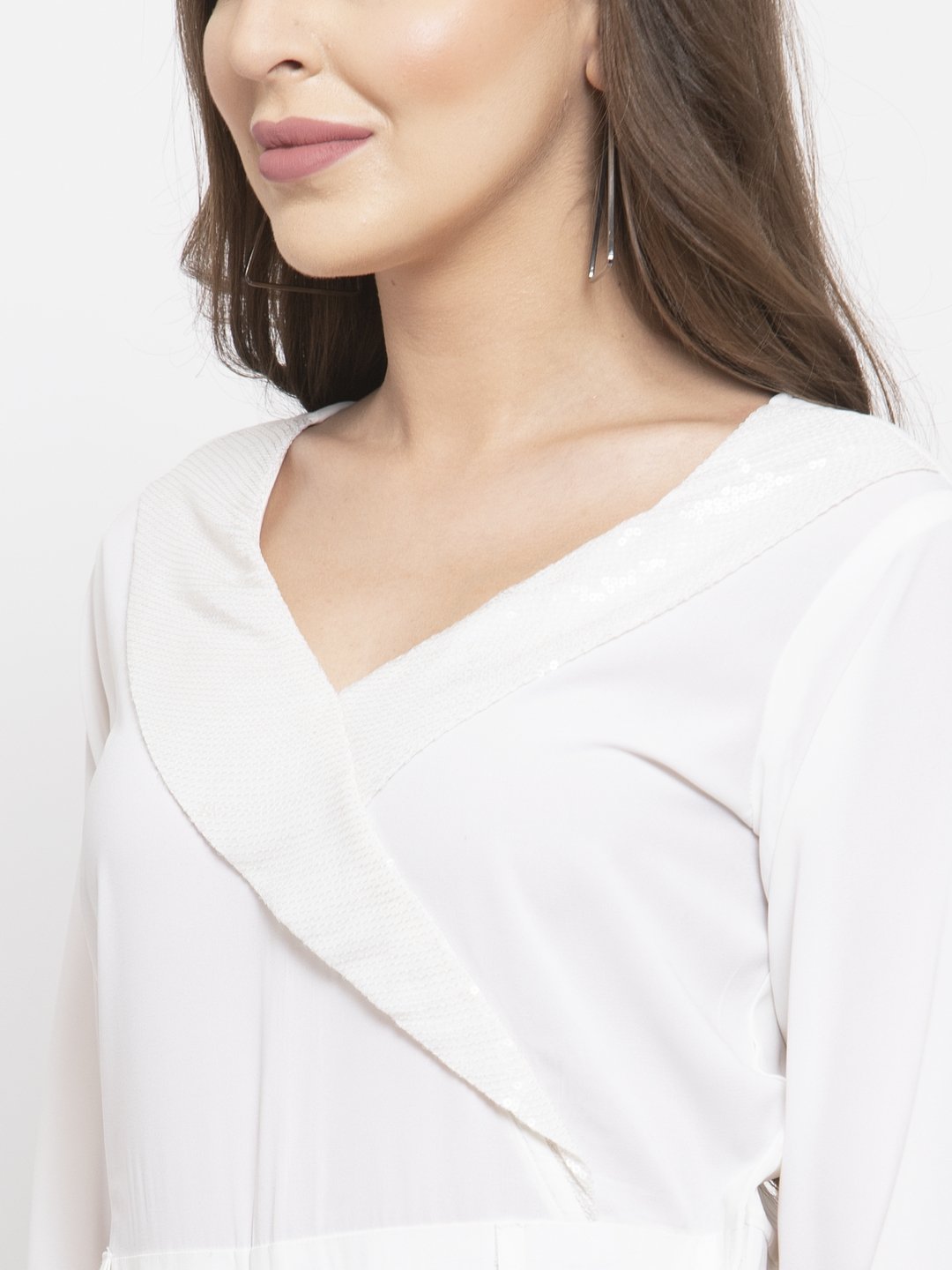 Jompers Women White Solid Jumpsuit with sequence on neck - Swadesiicart