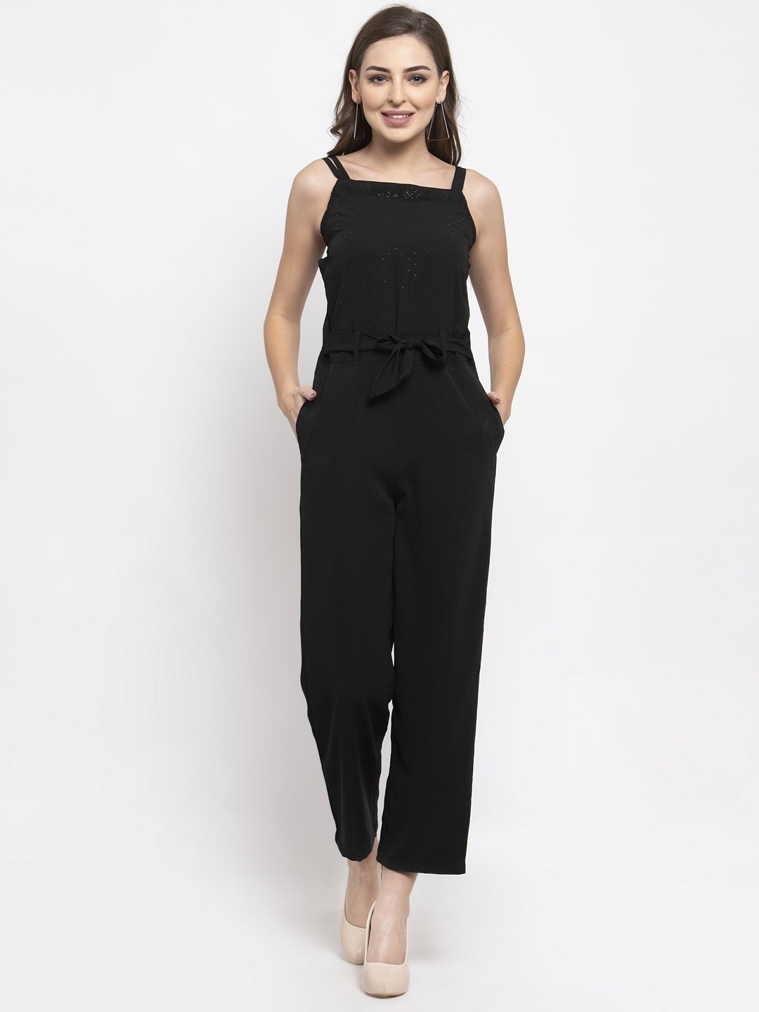 Jompers Women Black Solid Embellished Jumpsuit - Swadesiicart
