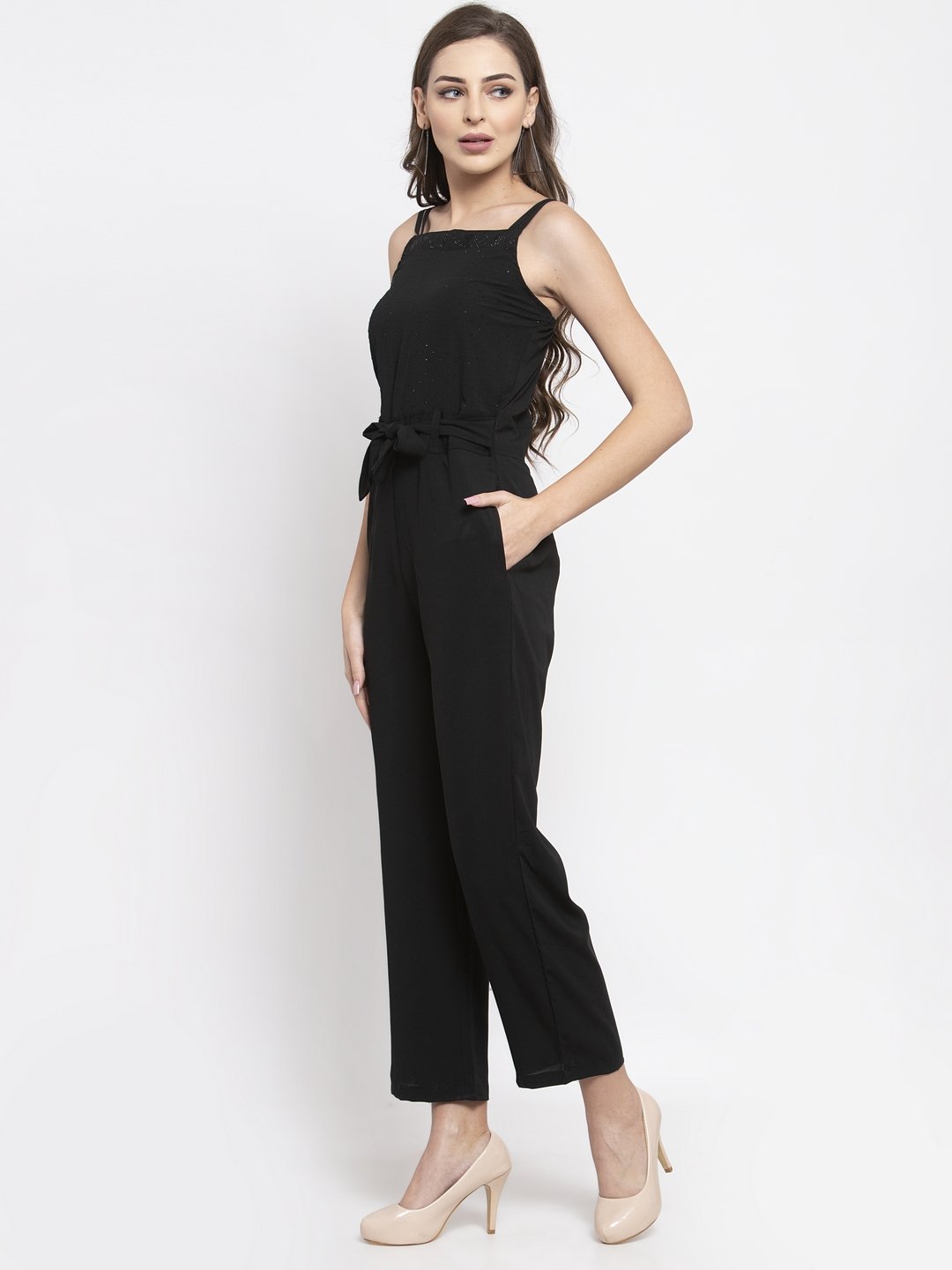 Jompers Women Black Solid Embellished Jumpsuit - Swadesiicart