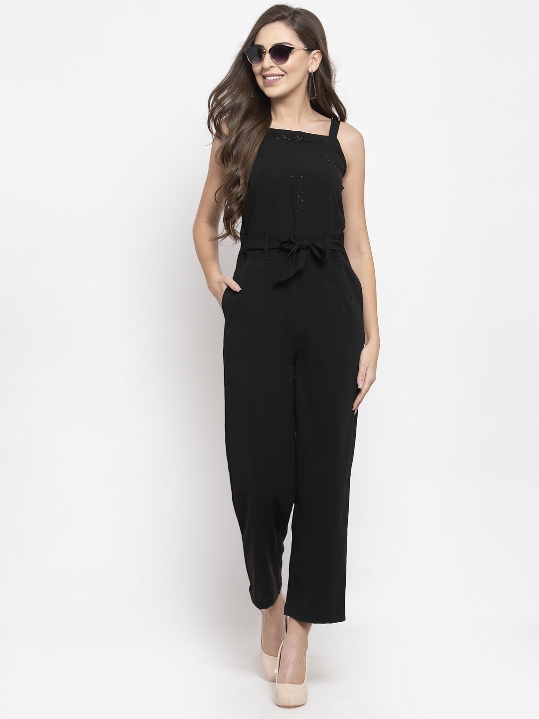 Jompers Women Black Solid Embellished Jumpsuit - Swadesiicart