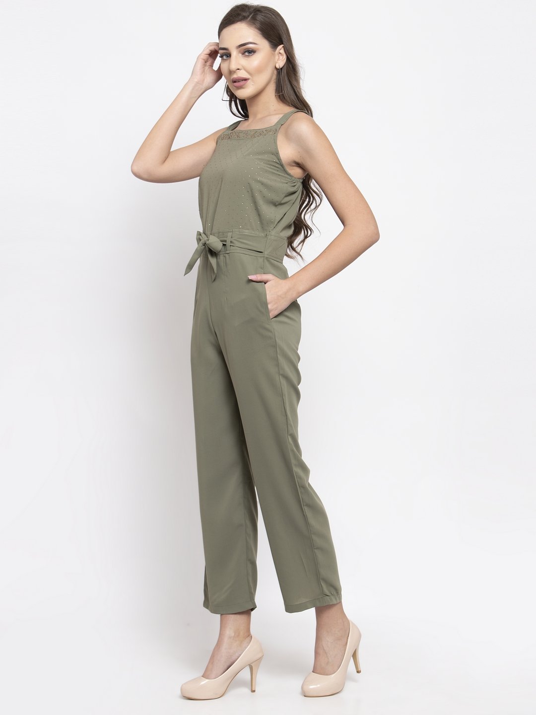 Jompers Women Green Solid Embellished Jumpsuit - Swadesiicart