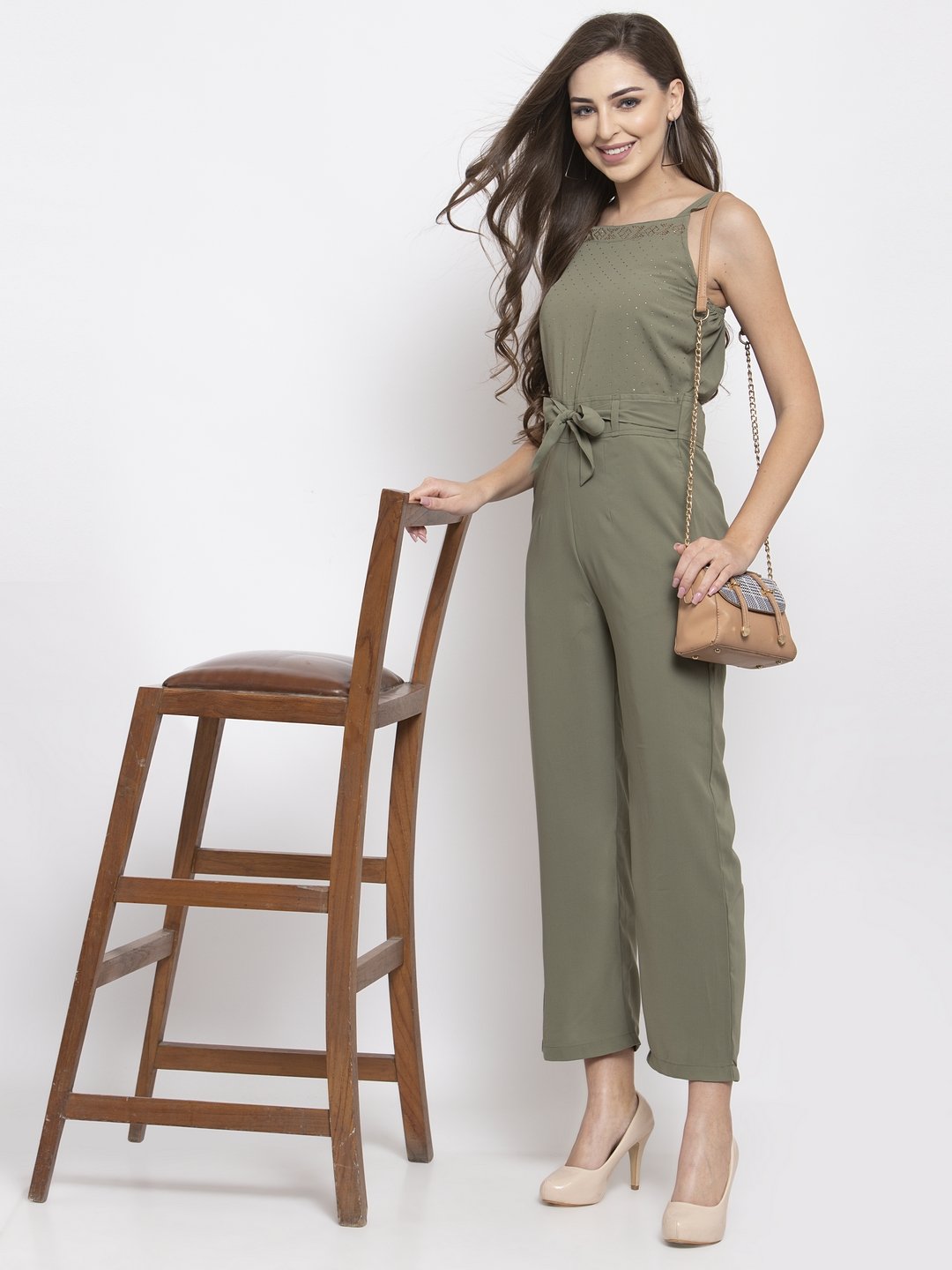 Jompers Women Green Solid Embellished Jumpsuit - Swadesiicart