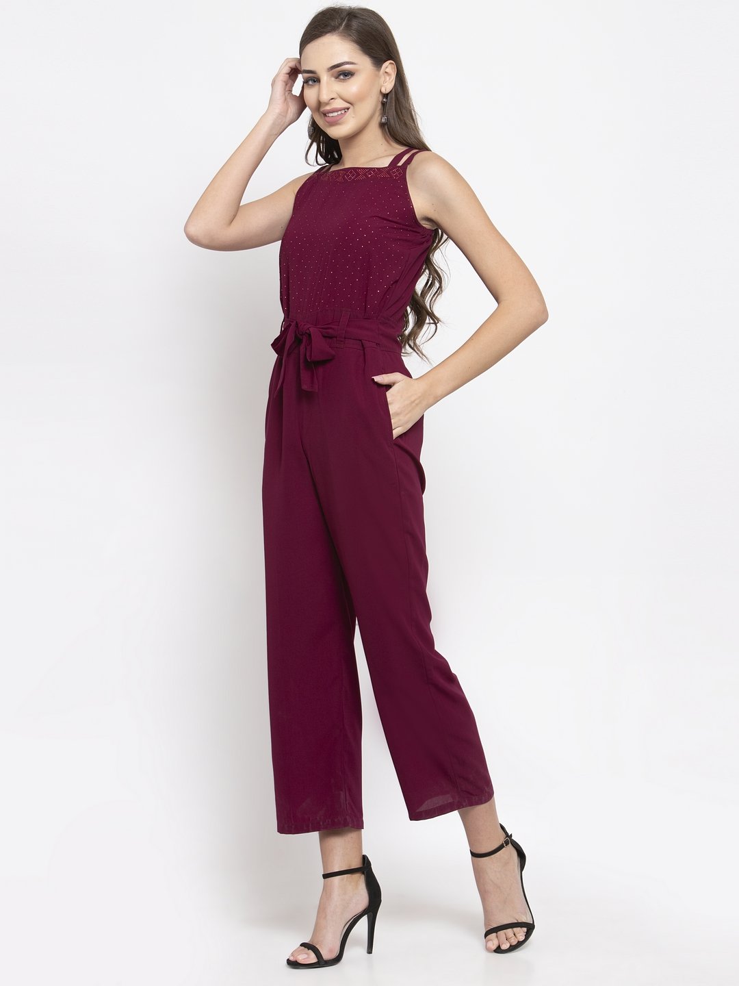 Jompers Women Purple Solid Embellished Jumpsuit - Swadesiicart
