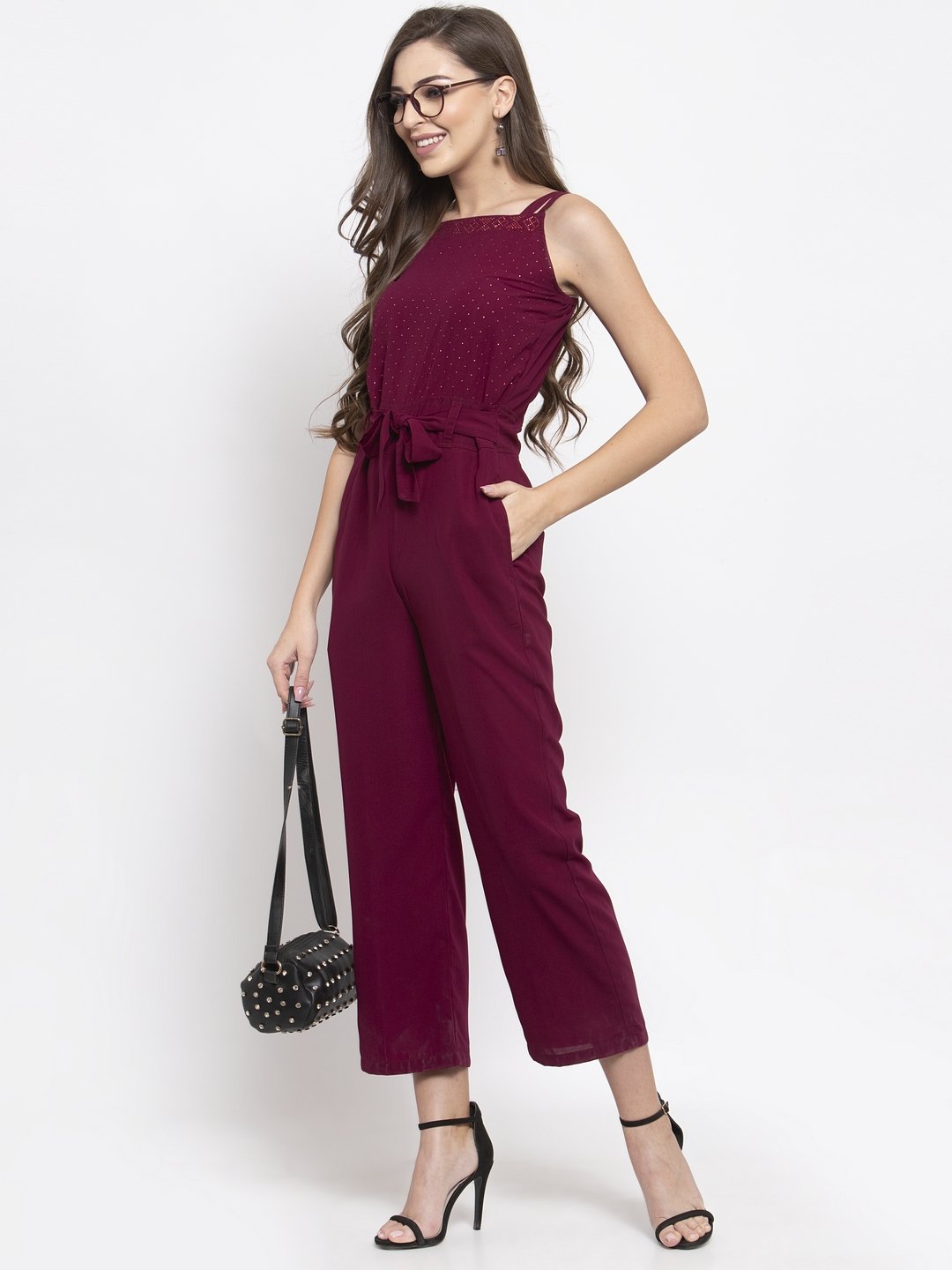 Jompers Women Purple Solid Embellished Jumpsuit - Swadesiicart