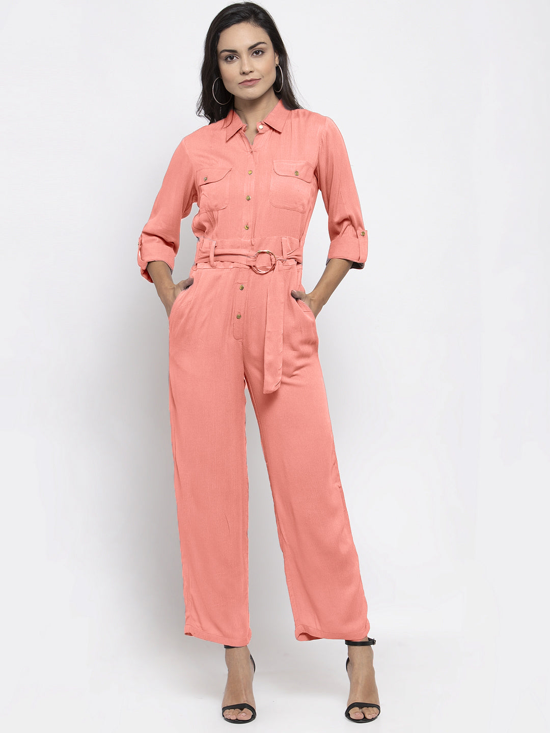 Jompers Women Peach Solid Jumpsuit - Swadesiicart